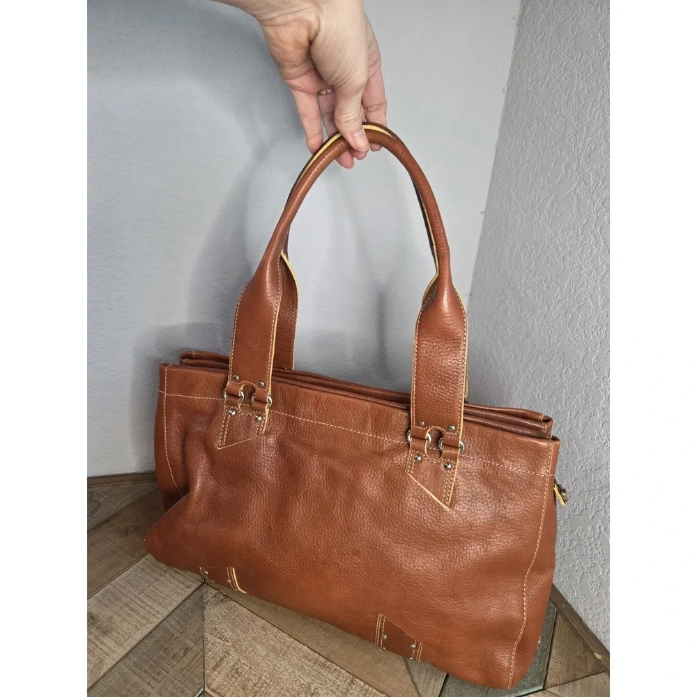 Vintage Cole‎ Haan Village Tan Brown Leather Shoulder Tote Bag Rivets Stitch